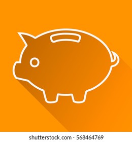 Piggybank flat linear long shadow icon. Piggy bank with coin. Vector line symbol