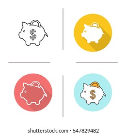 Piggybank icon. Flat design, linear and color styles. Piggy bank with coin. Isolated vector illustrations