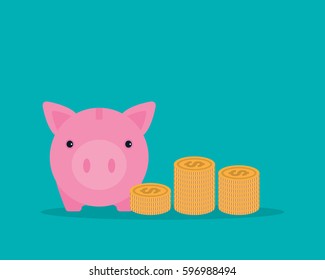 Piggybank and money coins tower, Money saving concept.