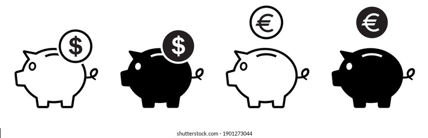 Piggybank set vector icons. Pig bank with dollar and euro coin. Money box symbol. Vector illustration.