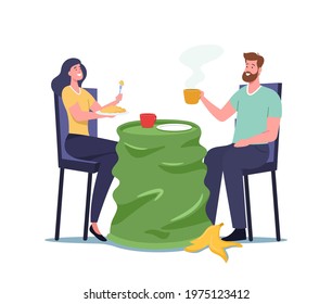 Piggy-Wiggy Male and Female Characters Dining on Used Plastic Cup instead of Table with Trash around. Nature Pollution, Live in Garbage Ecological Concept. Cartoon People Vector Illustration