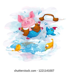 Piglet and bird friends are fun jumping in the spring puddle. Vector illustration for march calendar. Background imitation of watercolor.