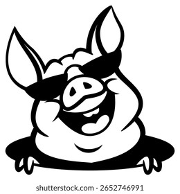 Personagens de desenhos animados de leitão usando óculos escuros e chafurdando na lama. Melhor para esboço, logotipo e livro de colorir com temas de fazenda para crianças
