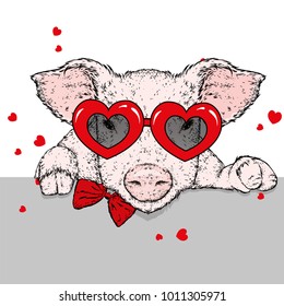 Piglet in clothes and accessories with hearts. Valentine's Day, love and friendship. Illustration for a postcard or a poster.