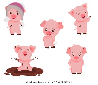 Piglet Collection In Vector. New Year Symbol 2019. 