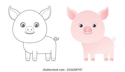 Piglet coloring page. Cute farm animals coloring book for kids. Cartoon vector  outline baby animals.