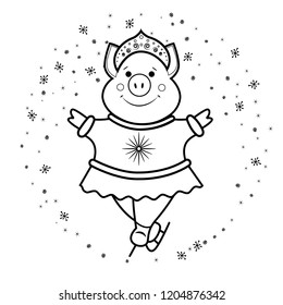 Piglet dancing figure skater. Winter sports on ice. In the suit of the Snow Maiden. Surrounded by hand-drawn snowflakes. Contour style. Coloring for kids. Isolated on white background. Vector