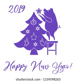 Piglet decorates the Christmas tree. New Year symbols. Design for postcard, banner, poster or print.