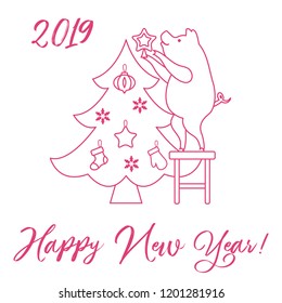 Piglet decorates the Christmas tree. New Year symbols. Design for postcard, banner, poster or print.