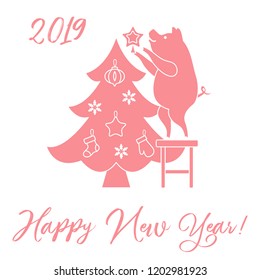 Piglet decorates the Christmas tree. New Year symbols. Design for postcard, banner, poster or print.