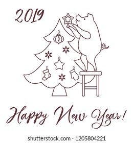 Piglet decorates the Christmas tree. New Year symbols. Design for postcard, banner, poster or print.