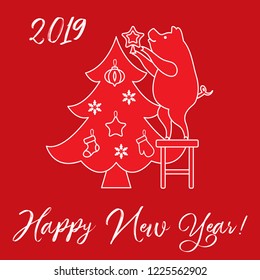 Piglet decorates the Christmas tree. New Year symbols. Design for postcard, banner, poster or print.