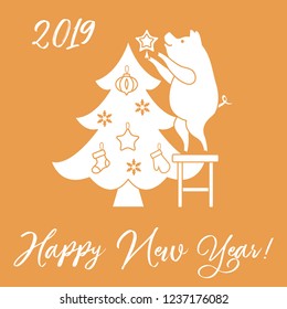 Piglet decorates the Christmas tree. New Year symbols. Design for postcard, banner, poster or print.