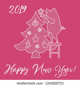 Piglet decorates the Christmas tree. New Year symbols. Design for postcard, banner, poster or print.