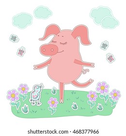 Piglet with eyes closed stand on one leg. Cute cartoon pig sticker. Piggy on white background with bird, flowers, butterflies, clouds