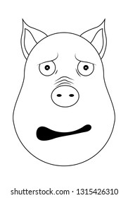 Piglet face with afraid emotion in outline style. Vector illustration icon of Cartoon pig head. Pig emotional head.