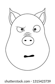 Piglet face with confused emotion in outline style. Vector illustration icon of Cartoon pig head. Pig emotional head.