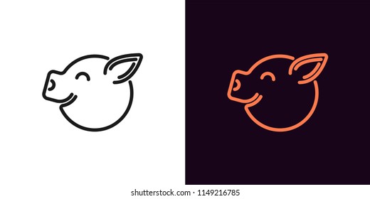 Piglet Face With Smile In Outline Style. Vector Illustration Icon Of Cartoon Pig Head With Smile In Black And Orange Color. Isolated Graphic Element For Decoration