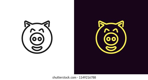 Piglet face with smile in outline style. Vector illustration icon of Cartoon pig head with smile in black and yellow color. Isolated graphic element for decoration