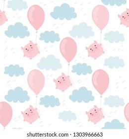 Piglet flies with a balloon. On a white background. Seamless pattern.