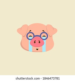 A piglet in glasses is crying, tears are pouring down his cheeks. Grief. Tragedy. Suffering. Colorful vector illustration.