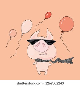 Piglet in glasses stands on the background of balls.