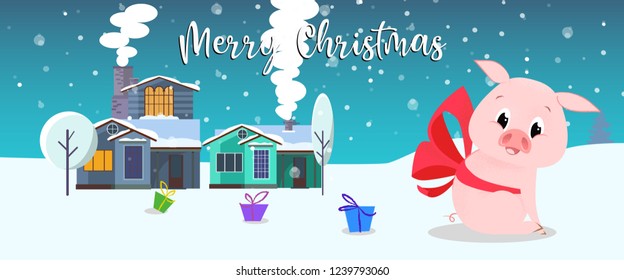 Piglet greeting poster design. Creative inscription with cartoon pig in red neckband, cozy houses, snowy trees and gifts. Can be used for postcards, invitations, greeting cards