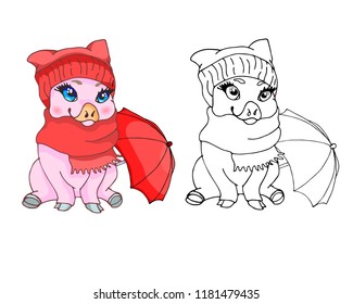 Piglet in hat and scarf. Red umbrella. Children's story. Vector illustration.