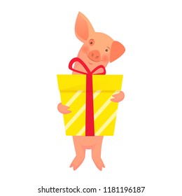 Piglet is holding a gift. Happy chinese new year 2019. Pig zodiac symbol vector illustration