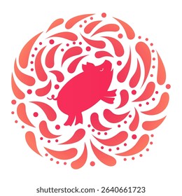Piglet icon in a round frame with dynamic drops. Isolated on white background. Vector illustration.