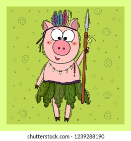 Piglet Indian with feathers on the head on a green background.Vector.