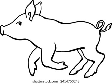 The piglet is jumping merrily. Linear vector drawing. For printing on products, advertising veterinary hospitals, farms. For printing on pet products. Images of animals in graphics. Happy pets.