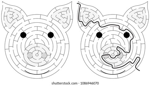 Piglet maze for kids with a solution in black and white