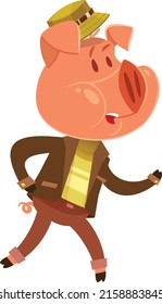 Piglet Nuf Nuf. Piglet in a cap. Dancing, running, standing still. Brown jacket and jeans.