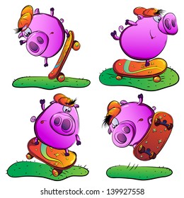 Piglet performs stunts on a skateboard. He just rolls around, performs jumping in the air