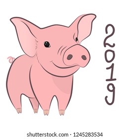 Piglet pink on a white background with the numbers two thousand nineteen. Cheerful little pig with a big head. 