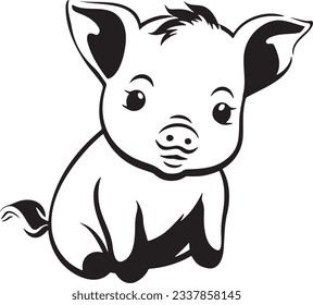 Piglet playing, Basic simple Minimalist vector graphic, isolated on white background, black and white