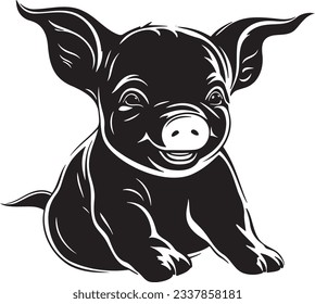 Piglet playing, Basic simple Minimalist vector graphic, isolated on white background, black and white