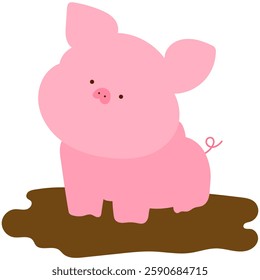 piglet in a puddle of mud, cute farm animal flat vector illustration