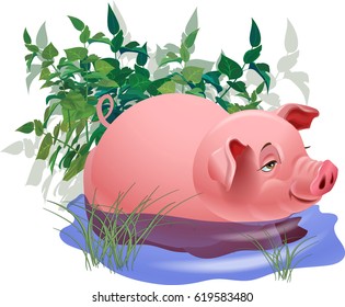 Piglet in a puddle of water against a background of bushes and grass. Vector image.