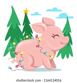 Piglet in a red hat against a winter forest. Decorated with snowflakes and a garland. Firs and pines. Symbol of the year 2019. Cartoon children's style. Vector on white background.