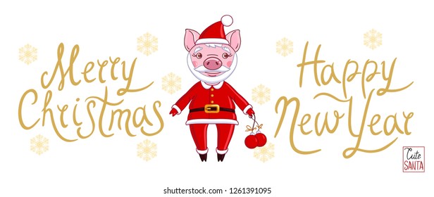 Piglet in the role of Santa Claus in a holiday outfit, which holds Christmas balls in his hand. On a white background with a golden inscription Merry Christmas and Happy New Year. Banner