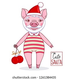 Piglet - Santa Claus wearing a hat and striped leotard with Christmas balls. Hand drawn style vector design illustrations.  Cut pigs out of paper, crafts for children
