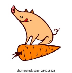 Piglet sitting astride on a carrot