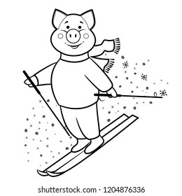 Piglet - skiing downhill. Winter, mountain sports. With a developing scarf. Surrounded by hand-drawn snowflakes. Outline style. Coloring for kids. Isolated on white background. Vector illustration.