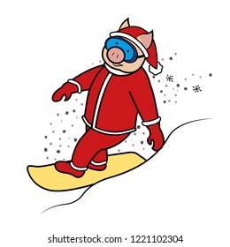Piglet - snowboarder. Winter sports, snowboarding from the mountains. Day winter sprta. Dressed like Santa Claus. Color image. Isolated on white background. Vector illustration.