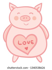 A piglet soft toy with a printed red heart and love message vector color drawing or illustration 