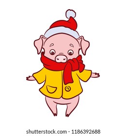 Piglet, a symbol of the new 2019 in the Chinese calendar, dressed in a yellow coat and a red scarf and hat. Vector