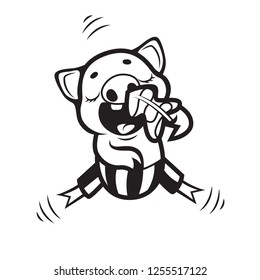 Piglet is the symbol of the year 2019. Vector illustration. Cartoon style. One color. Happy piggy eating a lollipop. Piggy jumping. Vector.