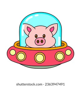 Piglet travelling in flying saucer - hand drawn vector illustration. Flat color design.